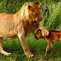 حمایت یک شیر درنده از بچه گوزن در برابر سایر شیرها