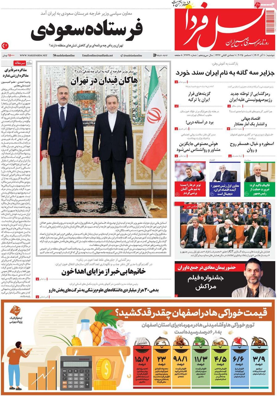 صفحه نخست روزنامه‌های اصفهان در ۱۰ آذر