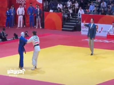 لحظه پیروزی مریط بربط برابر جودوکار چینی با امتیاز ایپون و صعود به نیمه نهایی